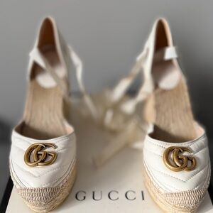 Gucci Women's Cream Espadrille Wedges with Gold Accents